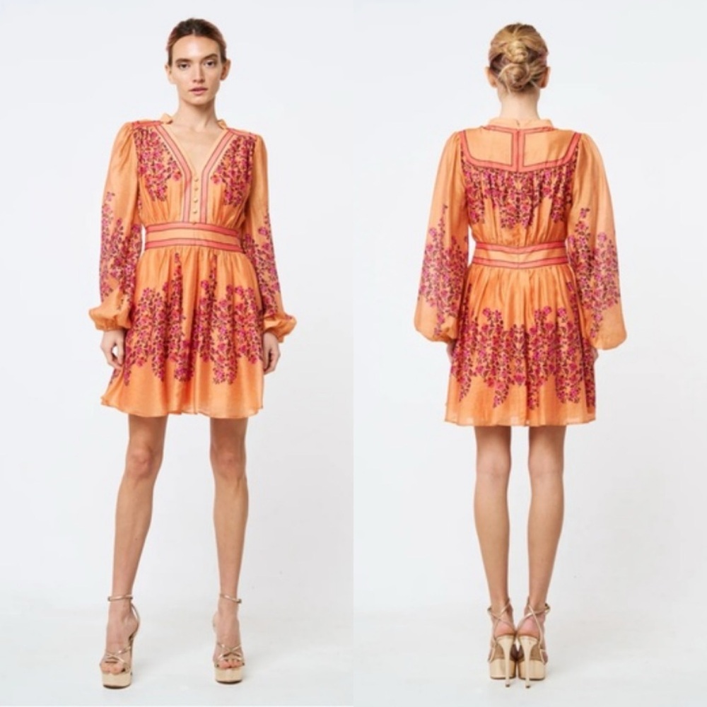 CIEBON Mango Orange Purple Floral Long Sleeve Linen Blend Dress! - Picture 2 of 15